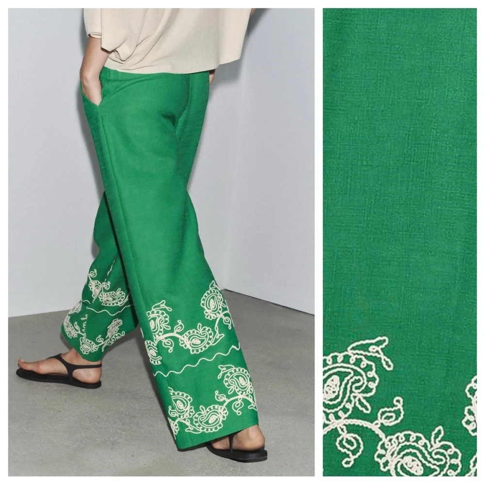 NWT. Zara Green Viscose/Linen Blend Embroidered Trousers. Size M.